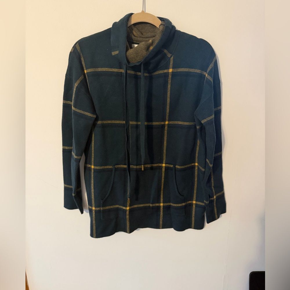 max studio women's size M green plaid Cowl Neck Long Sleeve Waffle Knit sweater